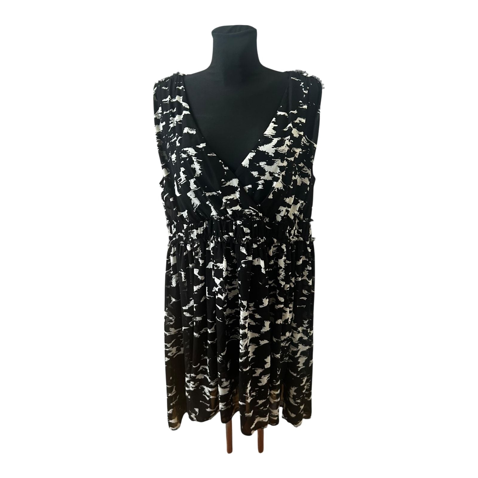 H&M Kleid Damen Gr 50 Schwarz Weiß Muster Ärmellos Elegant