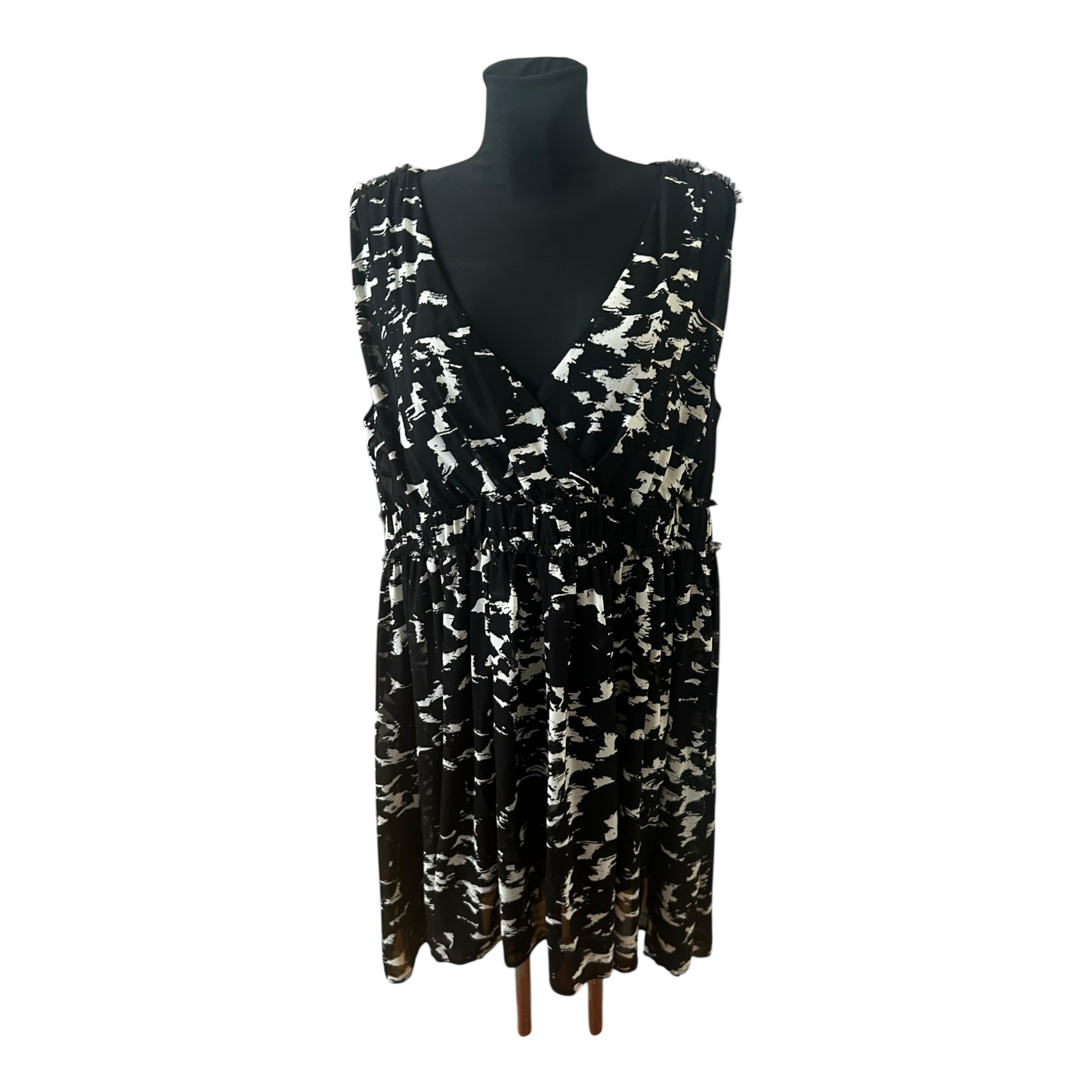 H&M Kleid Damen Gr 50 Schwarz Weiß Muster Ärmellos Elegant