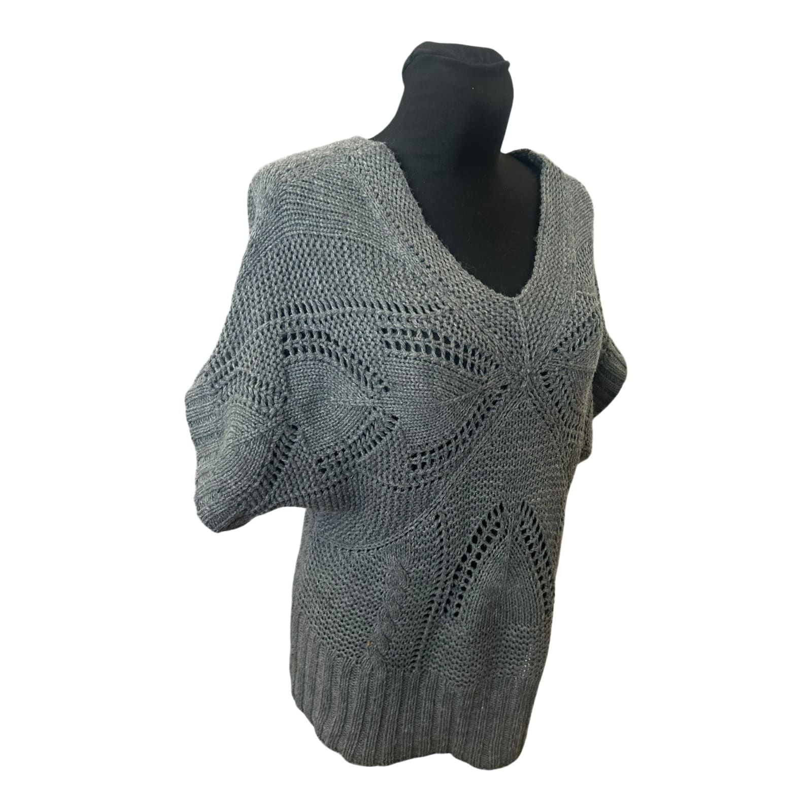 Yessica Damen Strickpullover Grau Grobstrick V Ausschnitt Kurzarm Gr L