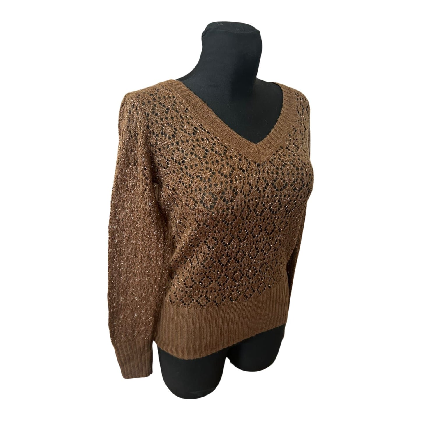 Dream Girl Damen Pullover Strick Spitze Braun Goldfäden Gr L Elegant