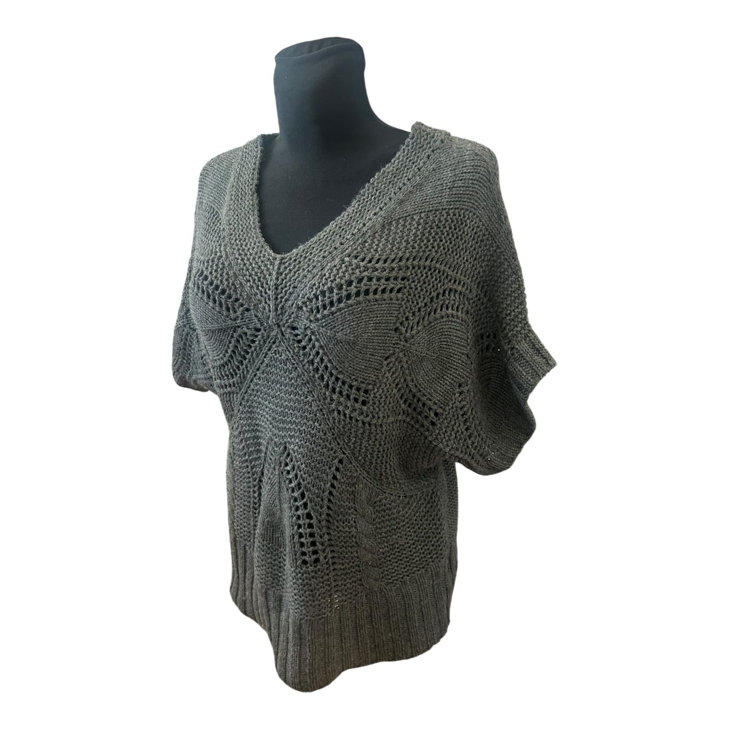 Yessica Damen Strickpullover Grau Grobstrick V Ausschnitt Kurzarm Gr L
