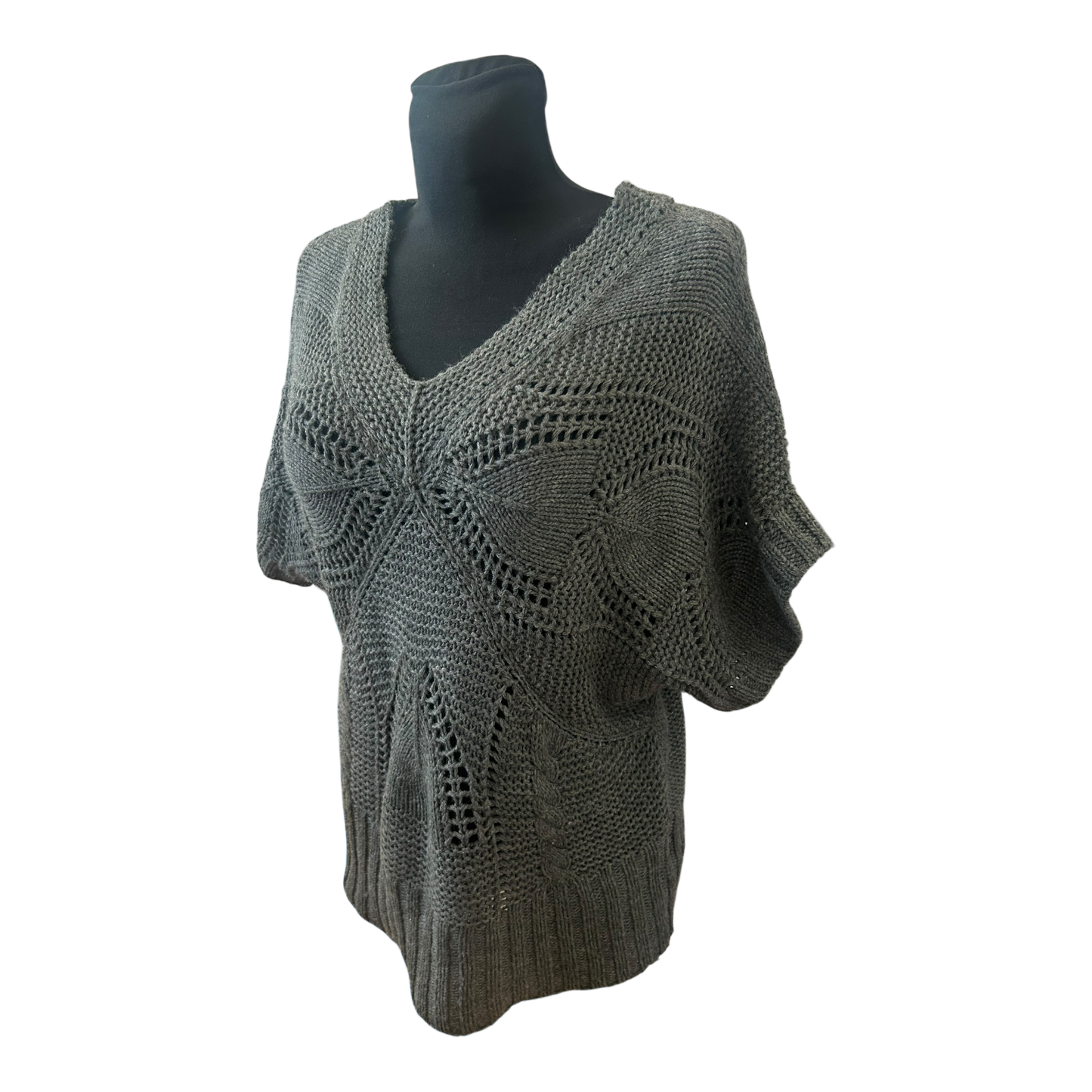 Yessica Damen Strickpullover Grau Grobstrick V Ausschnitt Kurzarm Gr L