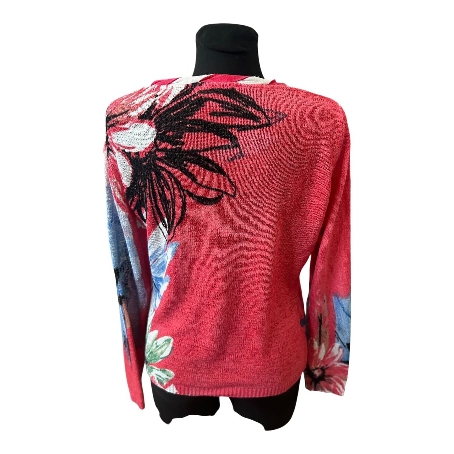 Biba Damen Pullover Gr M Rot Blau Blumenmuster Strick Langarm Elegant