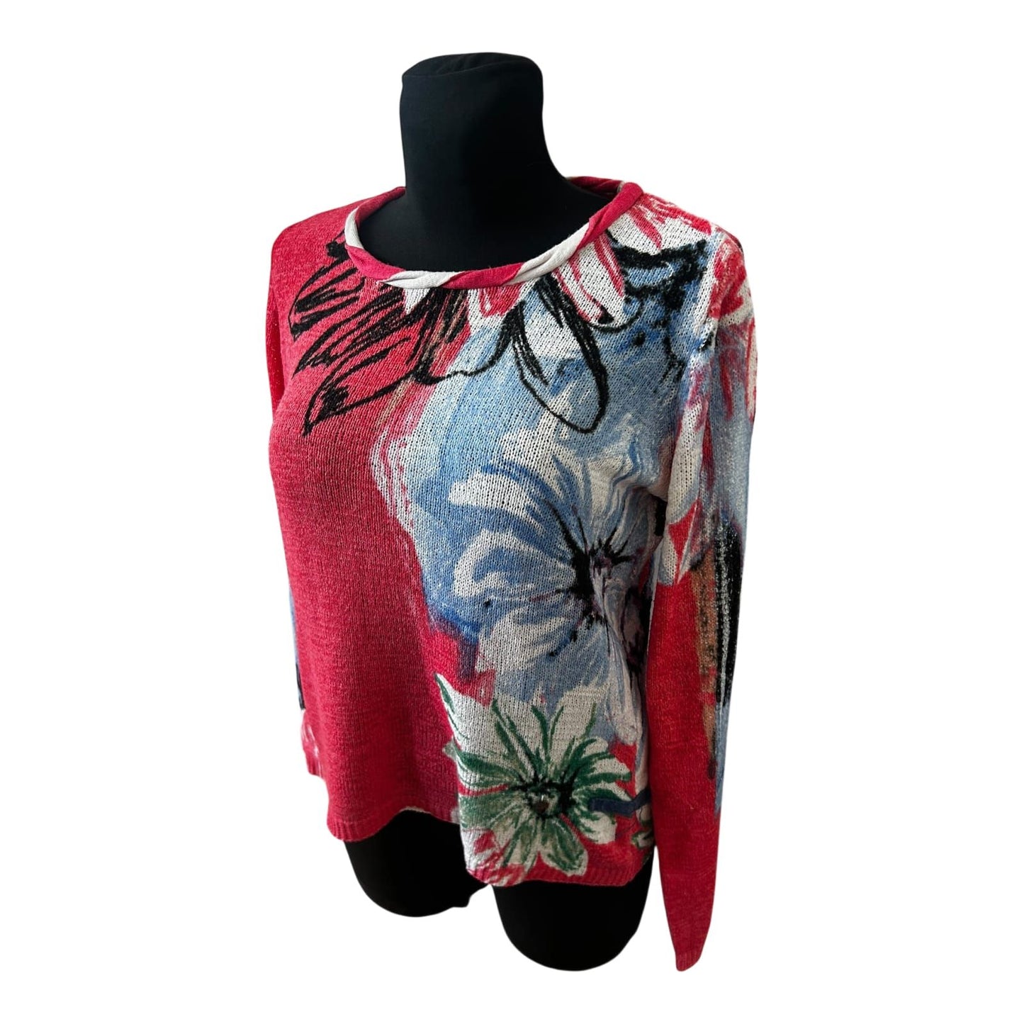 Biba Damen Pullover Gr M Rot Blau Blumenmuster Strick Langarm Elegant
