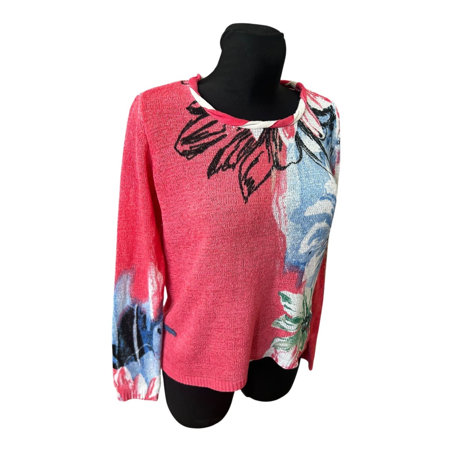 Biba Damen Pullover Gr M Rot Blau Blumenmuster Strick Langarm Elegant