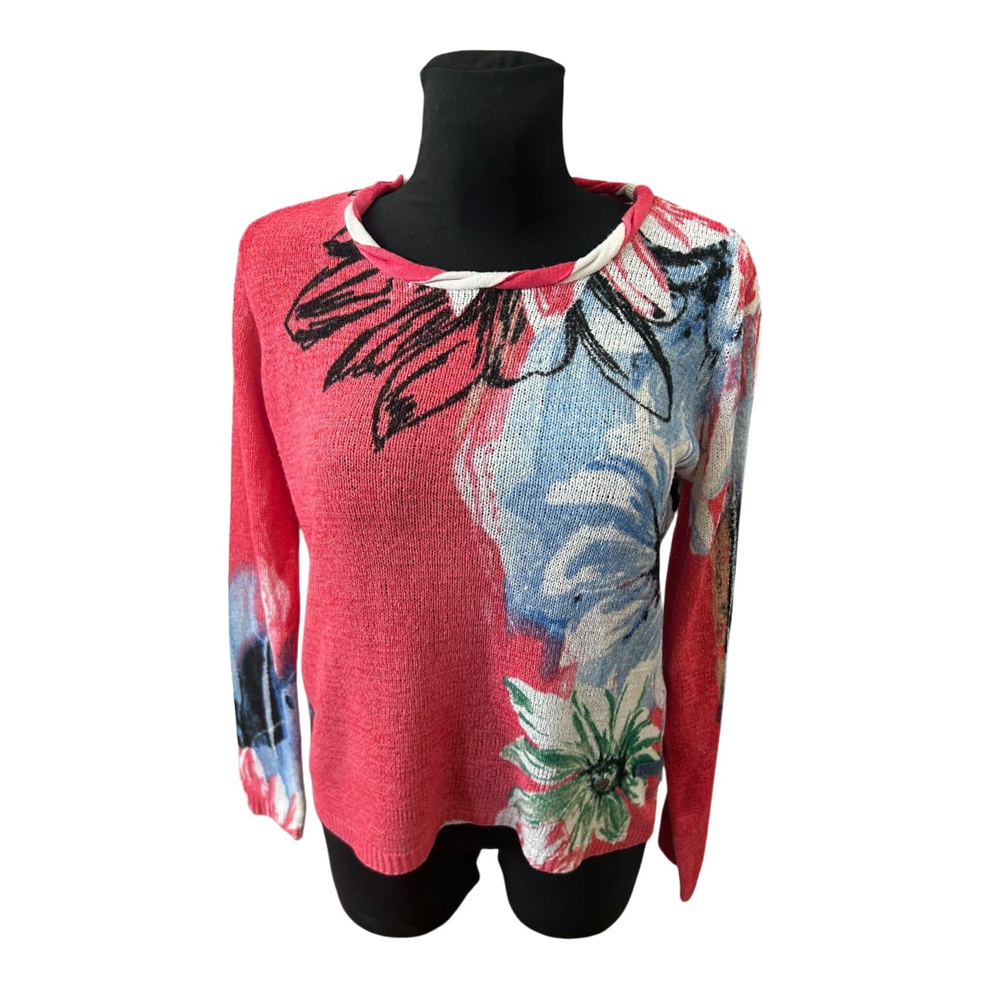 Biba Damen Pullover Gr M Rot Blau Blumenmuster Strick Langarm Elegant