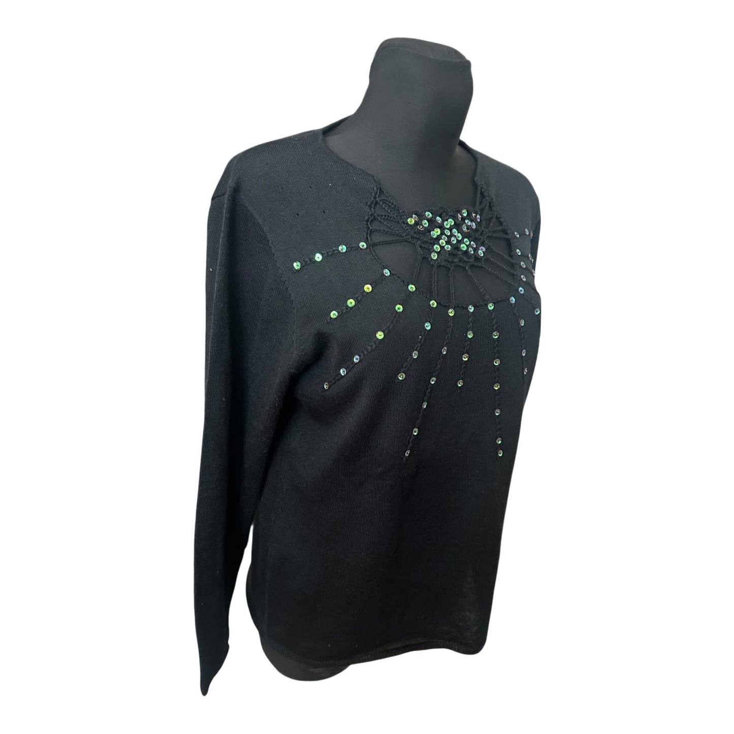 Damen Pullover Schwarz Gr 44 Langarm Strass Elegant Feinstrick Klassisch