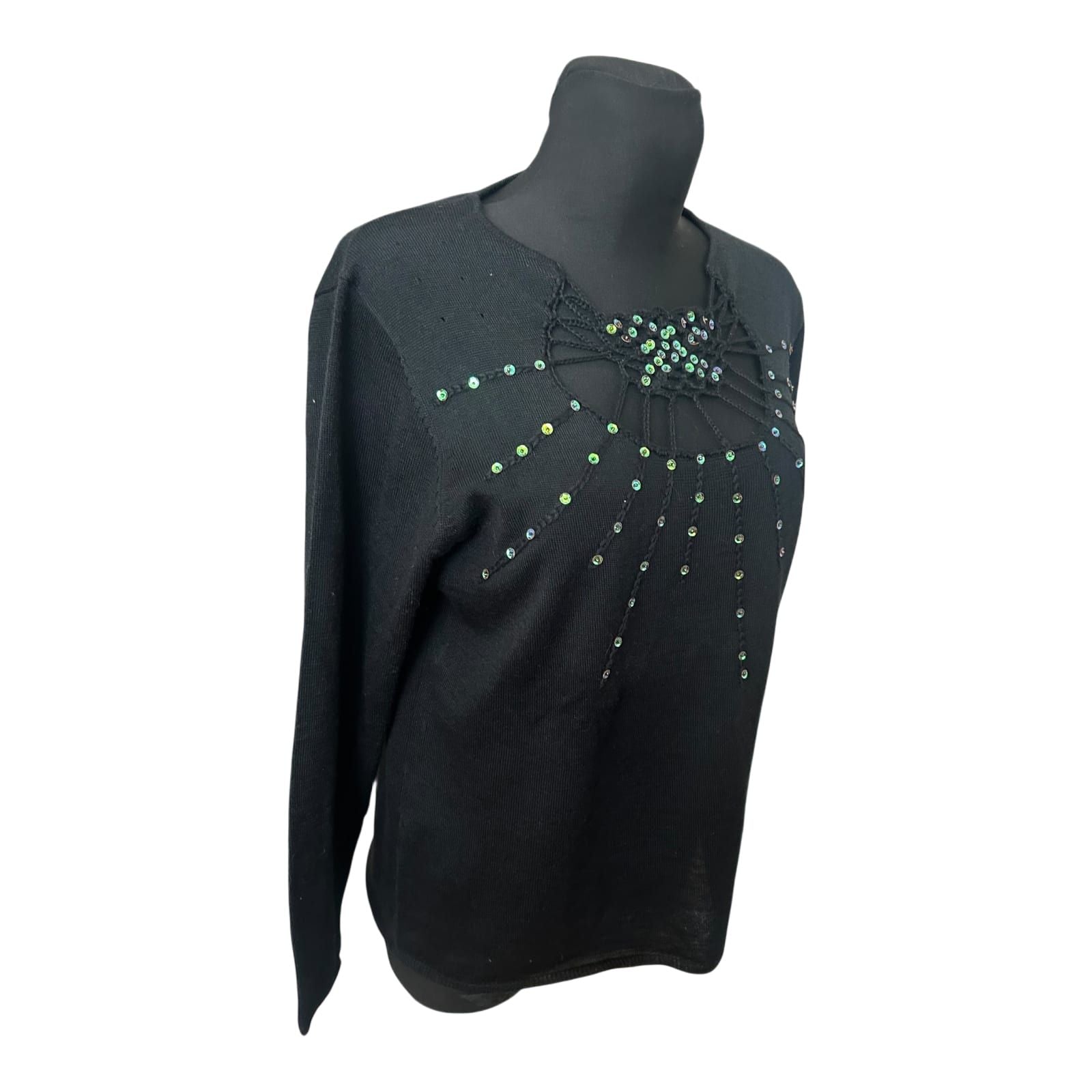 Damen Pullover Schwarz Gr 44 Langarm Strass Elegant Feinstrick Klassisch