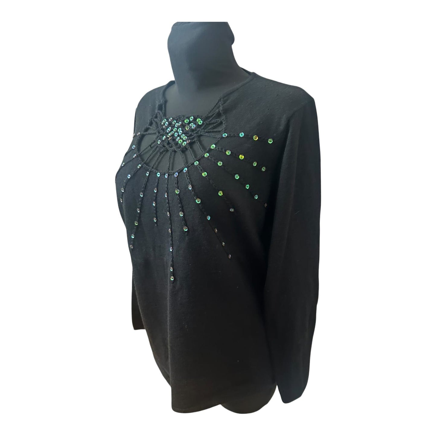 Damen Pullover Schwarz Gr 44 Langarm Strass Elegant Feinstrick Klassisch