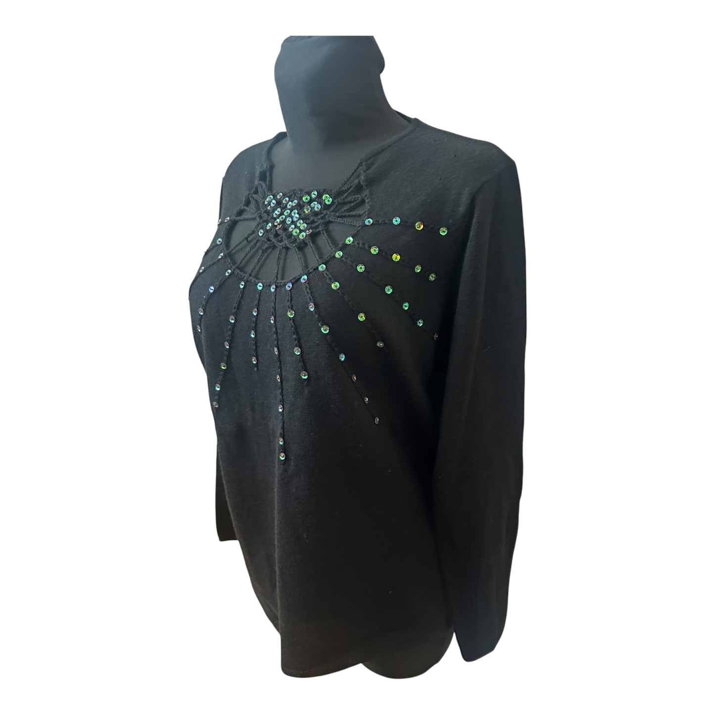 Damen Pullover Schwarz Gr 44 Langarm Strass Elegant Feinstrick Klassisch