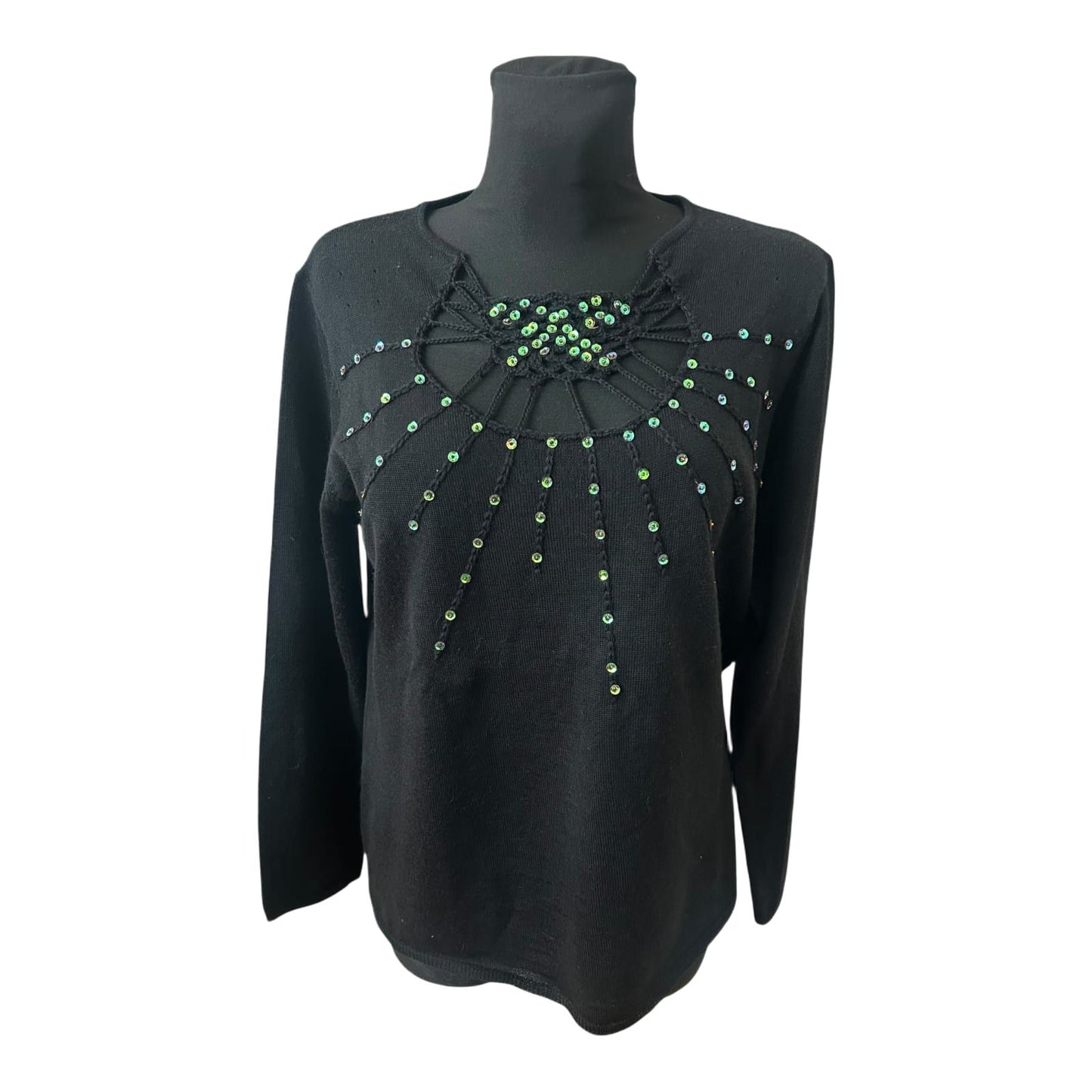 Damen Pullover Schwarz Gr 44 Langarm Strass Elegant Feinstrick Klassisch