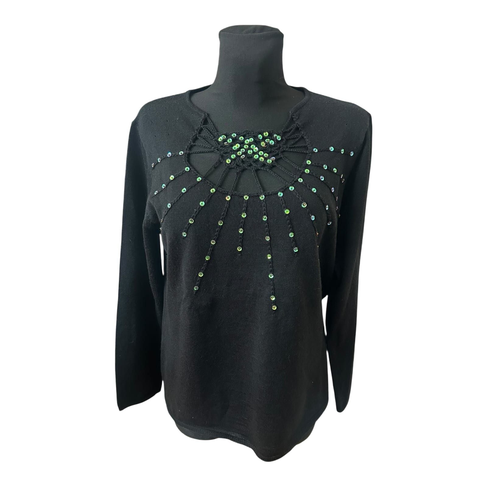 Damen Pullover Schwarz Gr 44 Langarm Strass Elegant Feinstrick Klassisch