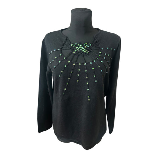 Damen Pullover Schwarz Gr 44 Langarm Strass Elegant Feinstrick Klassisch