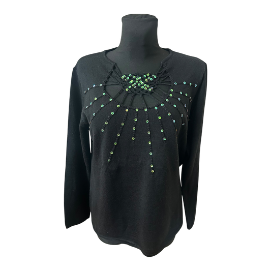 Damen Pullover Schwarz Gr 44 Langarm Strass Elegant Feinstrick Klassisch