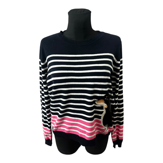 Oasis Pullover Damen Streifen Dackel Motiv Größe L Baumwolle Langarm Rundhals