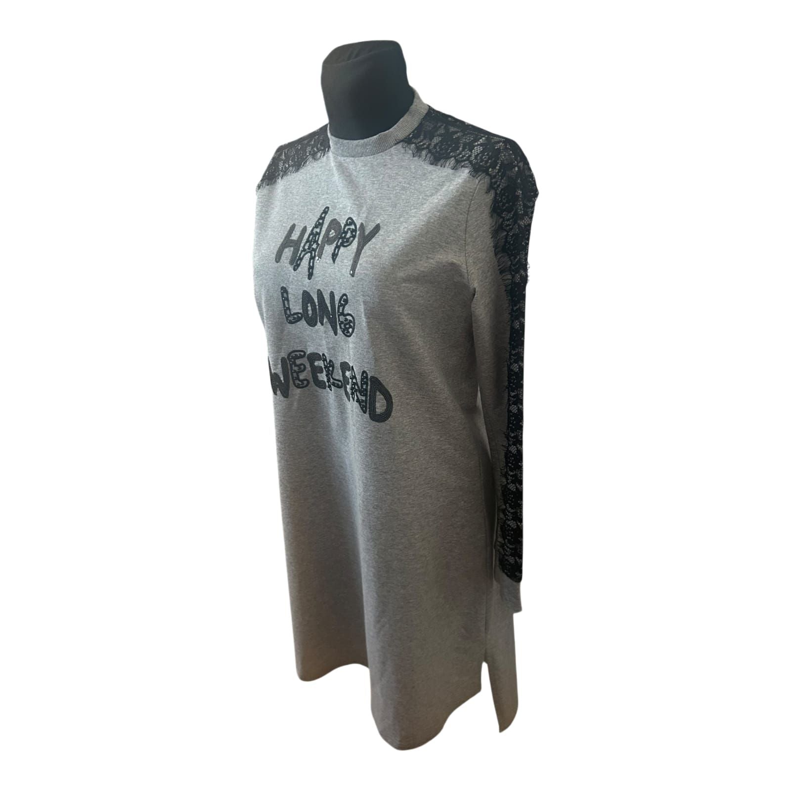 Moodbasic Damen Kleid 38 Sweatkleid Grau Spitze Schriftzug Long Weekend