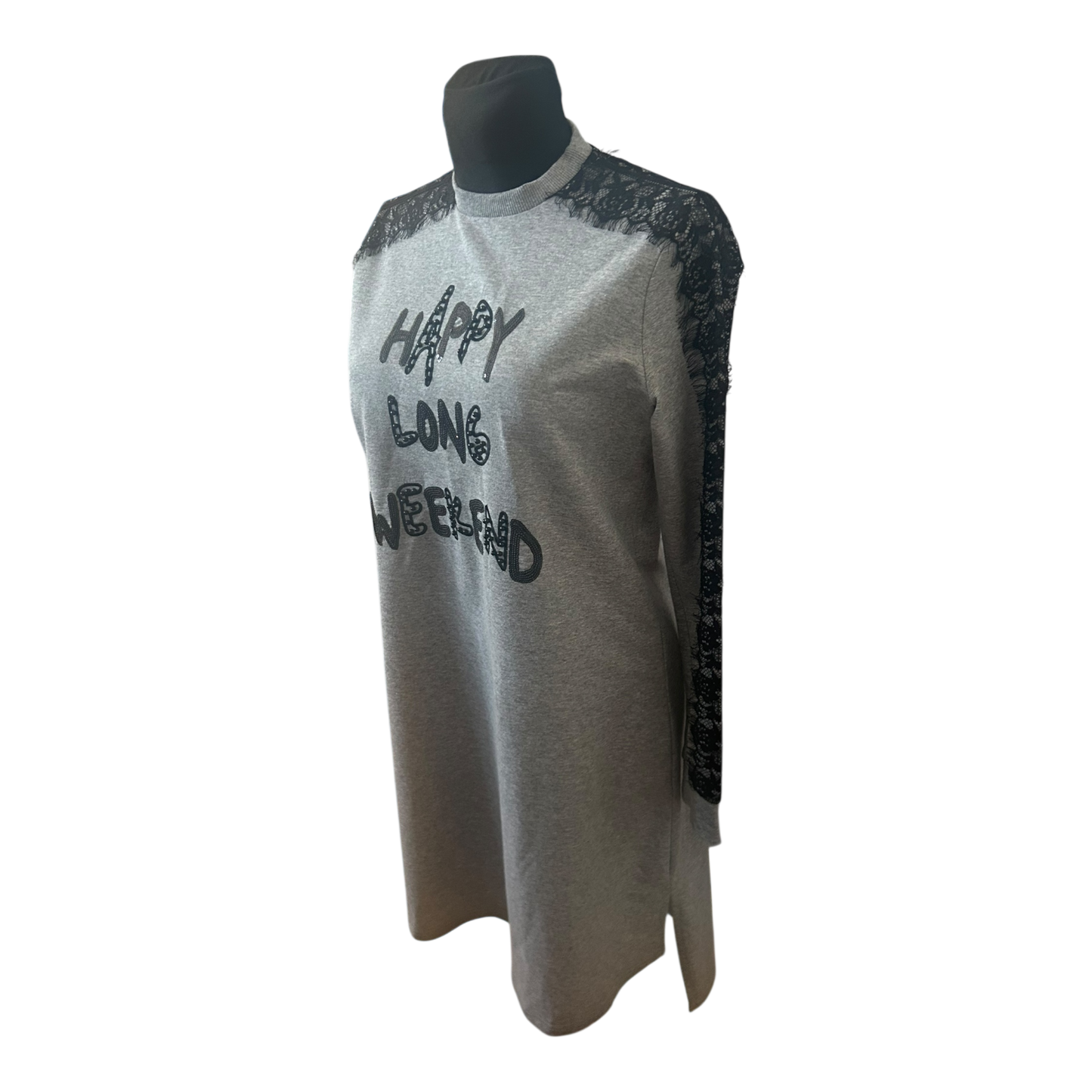 Moodbasic Damen Kleid 38 Sweatkleid Grau Spitze Schriftzug Long Weekend