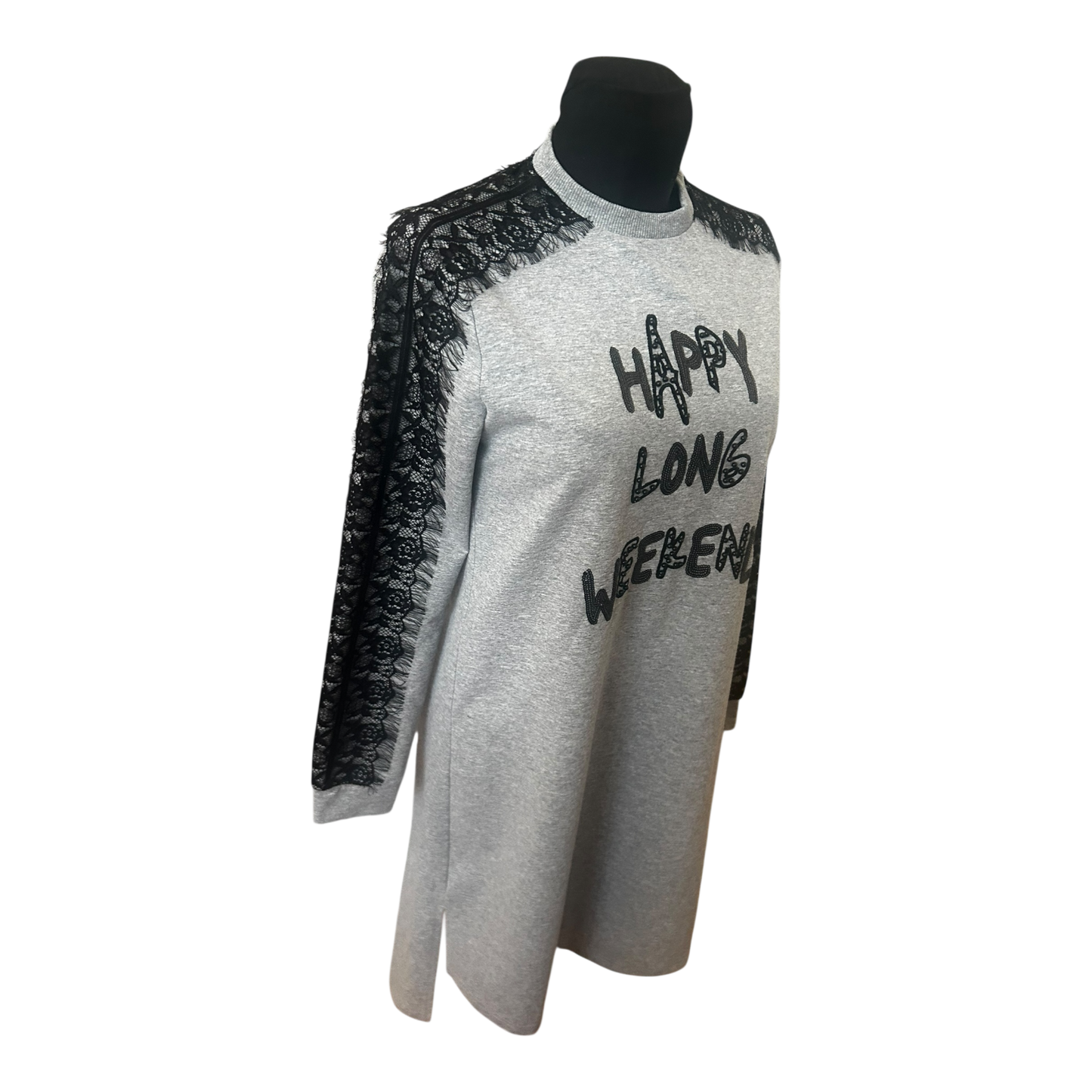 Moodbasic Damen Kleid 38 Sweatkleid Grau Spitze Schriftzug Long Weekend