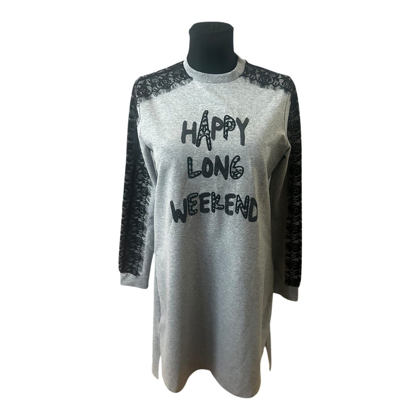 Moodbasic Damen Kleid 38 Sweatkleid Grau Spitze Schriftzug Long Weekend