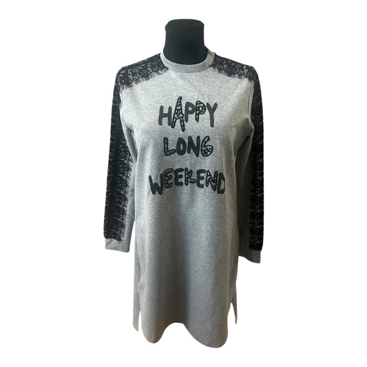 Moodbasic Damen Kleid 38 Sweatkleid Grau Spitze Schriftzug Long Weekend