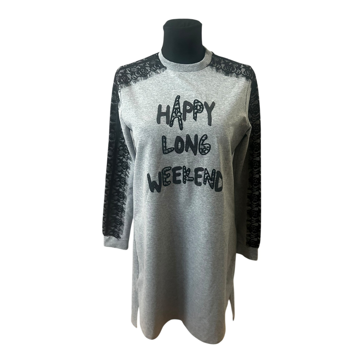 Moodbasic Damen Kleid 38 Sweatkleid Grau Spitze Schriftzug Long Weekend