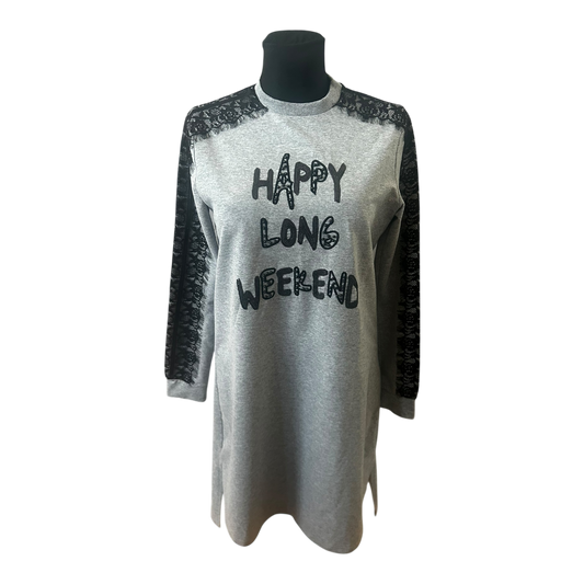 Moodbasic Damen Kleid 38 Sweatkleid Grau Spitze Schriftzug Long Weekend