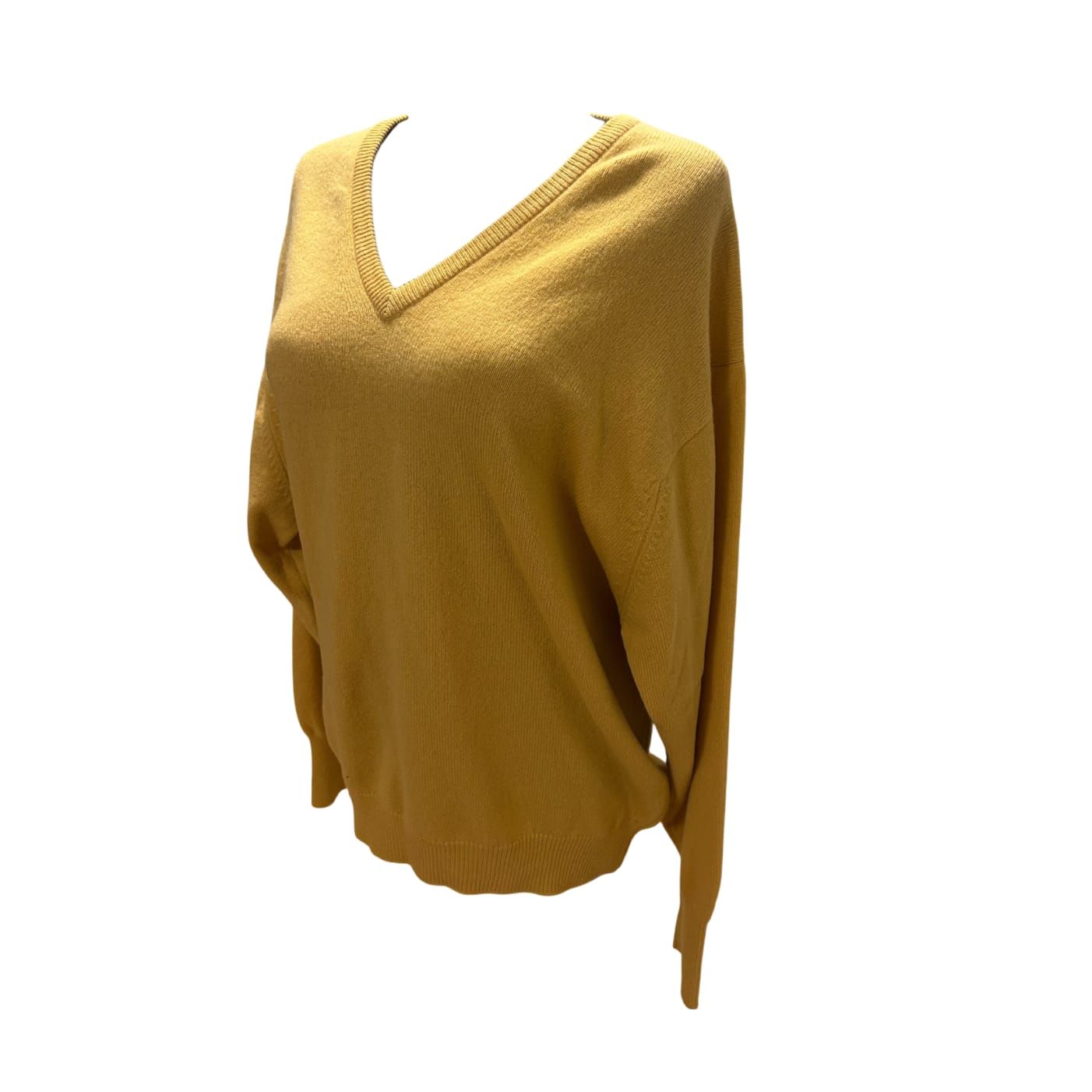 Damen Pullover 42 Gelb 100% Schurwolle Oversize V-Ausschnitt Elegant