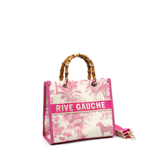 Rive Gauche Tasche Baumwolle Bambusgriffe Fuchsia Weiß Shopper Luxus Neu