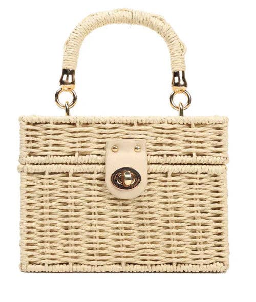 Strohtasche Sand Rechteckig Damen Tasche Sommer Korbtasche Drehverschluss Neu