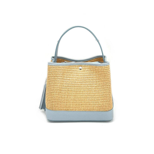 Bucket Bag Hellblau Echtleder Raffia Tasche Italien Sommer Handtasche Elegant Neu